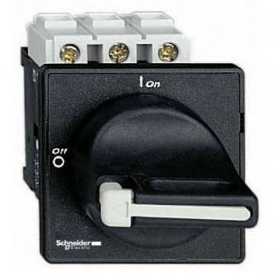A black rotary switch by Schneider Electric with 'On' and 'Off' positions. The switch is designed for electrical equipment.