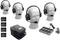 Four headphones with microphones on model heads, batteries, a carry case, a charger and adapters are pictured.