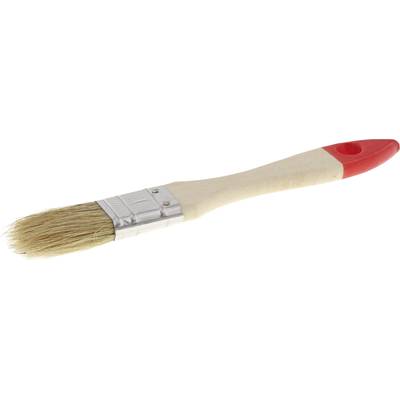 A paintbrush with a wooden handle and metal ferrule, bristles slightly splayed; suitable for painting work or craft activities.