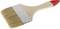 A wide painter's brush with a light wooden handle and red plastic end, the bristles are light brown and flat.