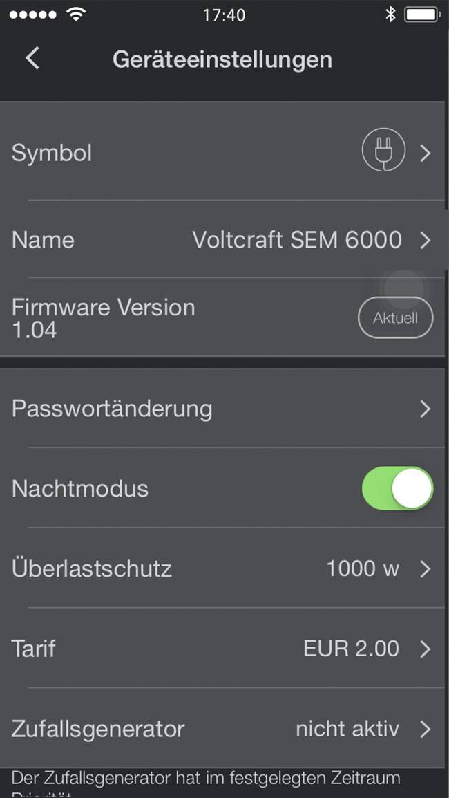 Device settings for 'Voltcraft SEM 6000': Firmware version 1.04 currently, night mode active, overload protection 1000 W, tariff £2.00.