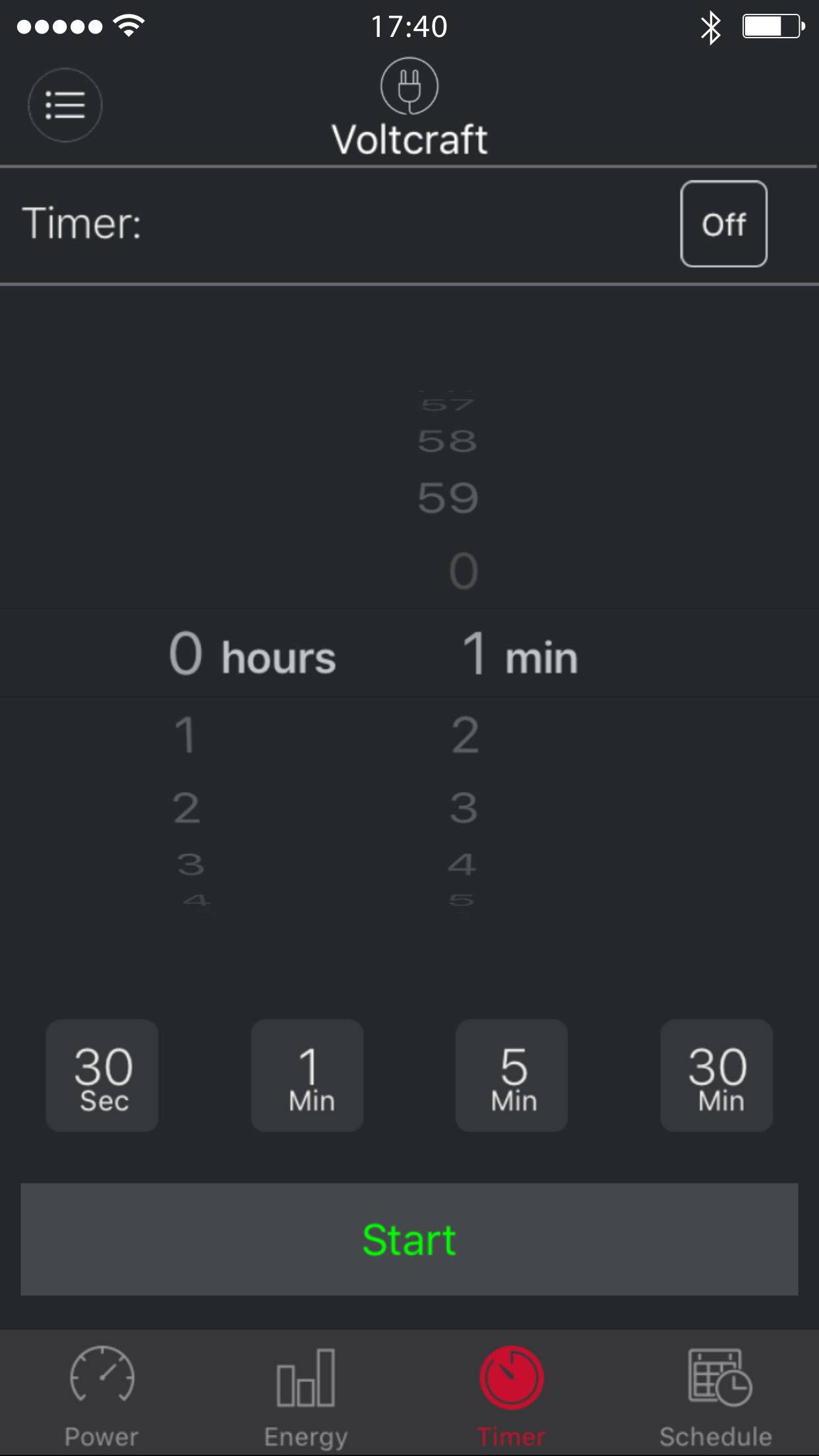 'Voltcraft app screen shows timer setting set to 1 minute. Options available: 30 sec, 1 min, 5 min, 30 min.'