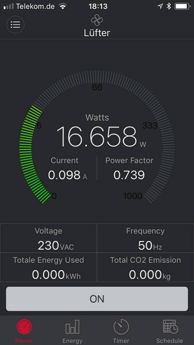 Display of a fan: Current power 16.658 watts, current 0.098 A, power factor 0.739, voltage 230 VAC, frequency 50 Hz.