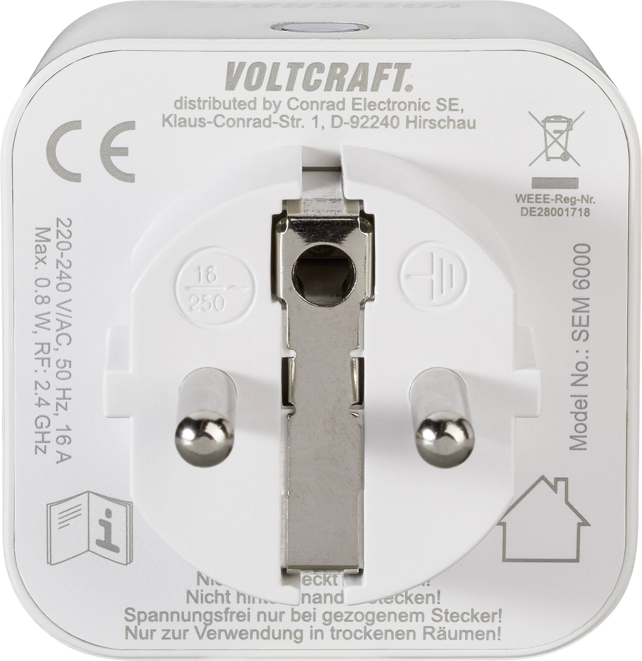 Rear view of a plug adapter with 'Voltcraft' brand and technical specifications: 16A, 250V, Model SEM 6000, CE certification.