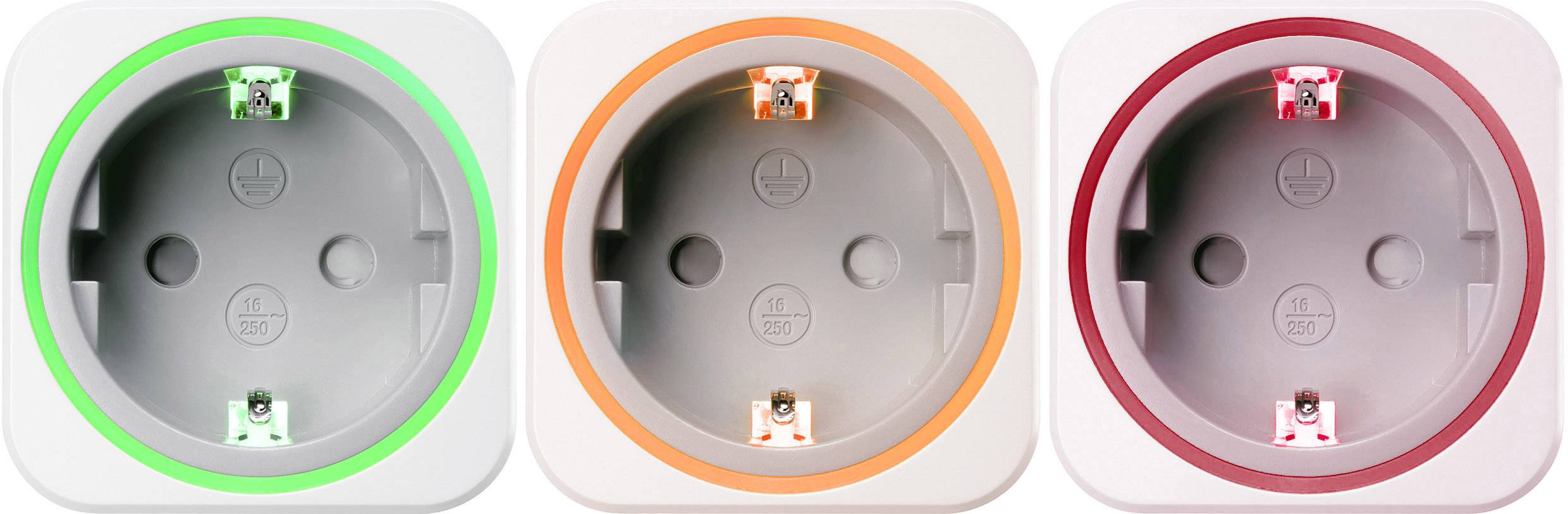Three power sockets with coloured LED indicator rings: green, orange, and red. The colours indicate different operational states.