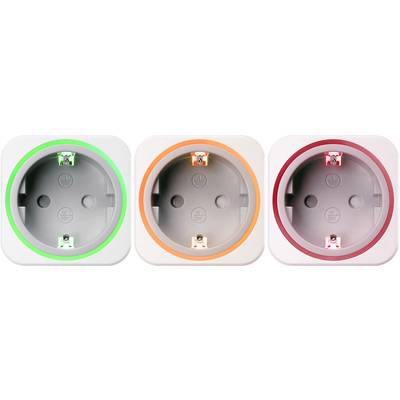 Three power sockets with coloured LED indicator rings: green, orange, and red. The colours indicate different operational states.