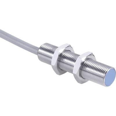 Cylindrical metal induction sensor with two fixing nuts and grey cable, used for object detection.