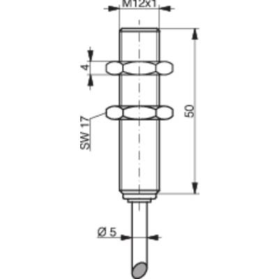 Technical drawing of a bolt: Thread M12x1, length 50 mm, diameter 5 mm, hexagon width SW17, annular grooves at 4 mm.<br><br>Note: In British English technical drawing conventions, this translation maintains the specific technical terminology and measurements.