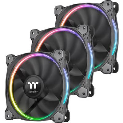 Three black computer fans with RGB lighting, arranged in a diagonal line. Each fan is illuminating in different colours.