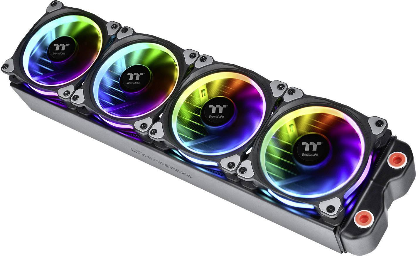Four illuminated computer fans in rainbow colours, mounted on a black, rectangular frame.