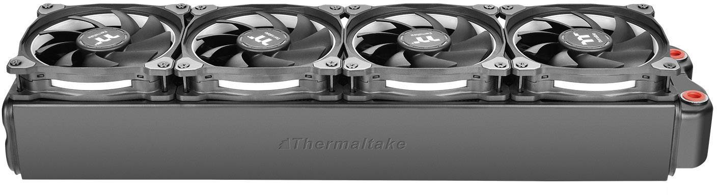 Radiator with four fans mounted in a row, branded 'Thermaltake', used for cooling computer components.