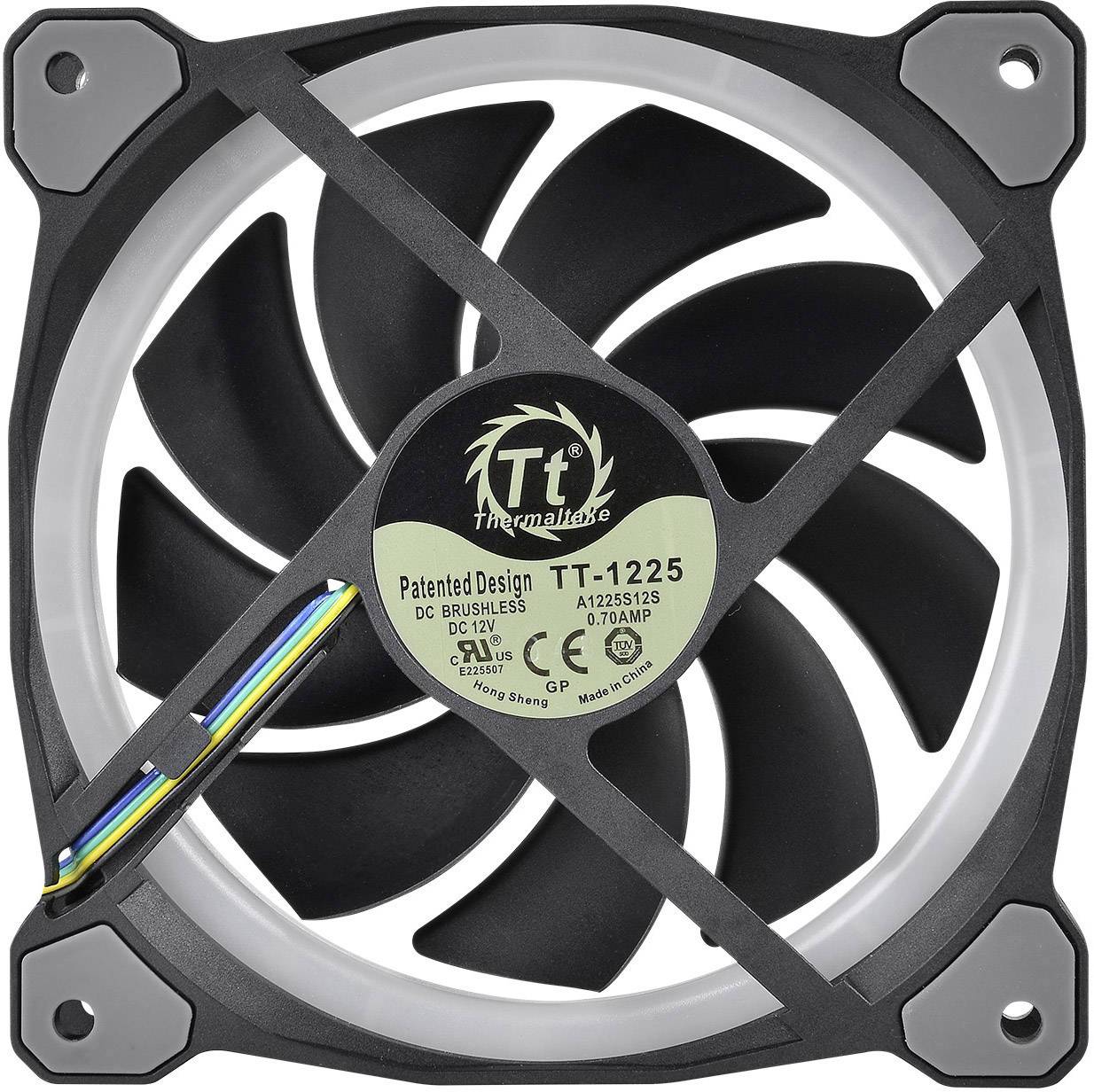 A black, computer-capable fan with eight blades, surrounded by a round frame. In the centre, there is a label with technical specifications.