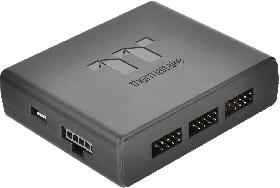 A black distributor for fan connections from Thermaltake with multiple side ports for connecting PC fans.