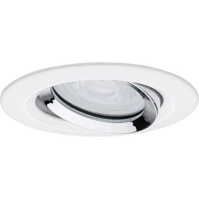 Recessed light fitting with a white and chrome-plated rim, featuring a round LED lamp. Modern design for interior lighting.