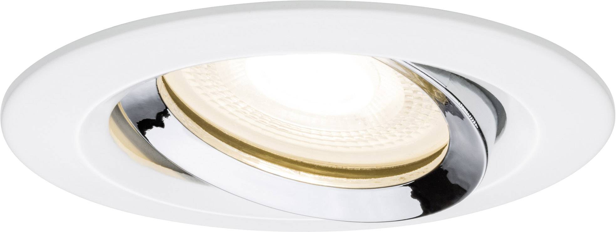 A round, white recessed downlight with a shiny metal frame and an illuminated LED spot in the centre.