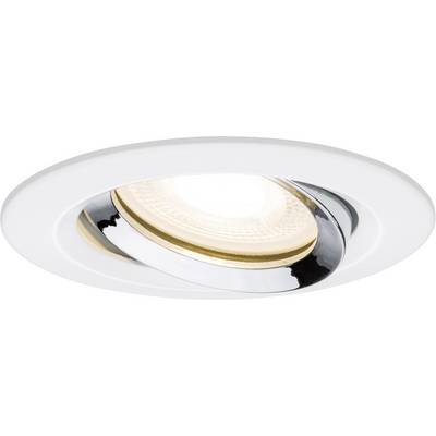 A round, white recessed downlight with a shiny metal frame and an illuminated LED spot in the centre.