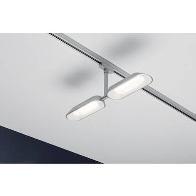Modern, rectangular ceiling light with two flat, white lamps mounted on a track, installed on a white ceiling.
