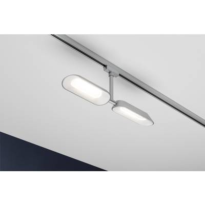 A modern, white, elongated ceiling light with two illuminated panels on a grey bar mounted on a white ceiling.