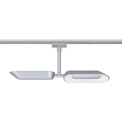 A silver-coloured ceiling spotlight with a modern design, mounted on a track. Ideal for directional lighting of rooms.