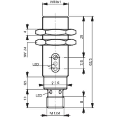 Technical drawing of a cylindrical component with multiple dimensional specifications in millimetres, including thread sizes and distances.