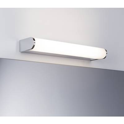 A simple, modern metal wall light with a rectangular illuminated body, mounted on a white wall.