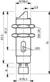 Technical drawing of a cylindrical component with dimensions. Details include M18 thread, 16.3 mm diameter, LED and SW 24.