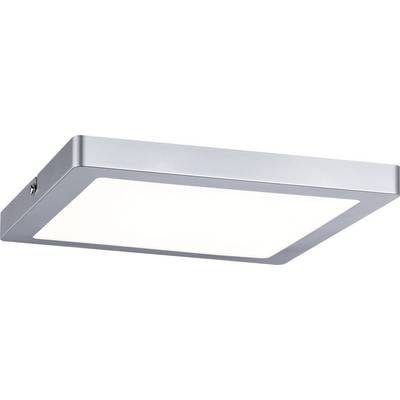 Flat, square ceiling light in a modern design with a silver frame and white, illuminated central section.