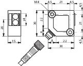 Technical drawing of a rectangular sensor housing with dimensions, angle specifications, and mounting details. Shows housing and cable connection.