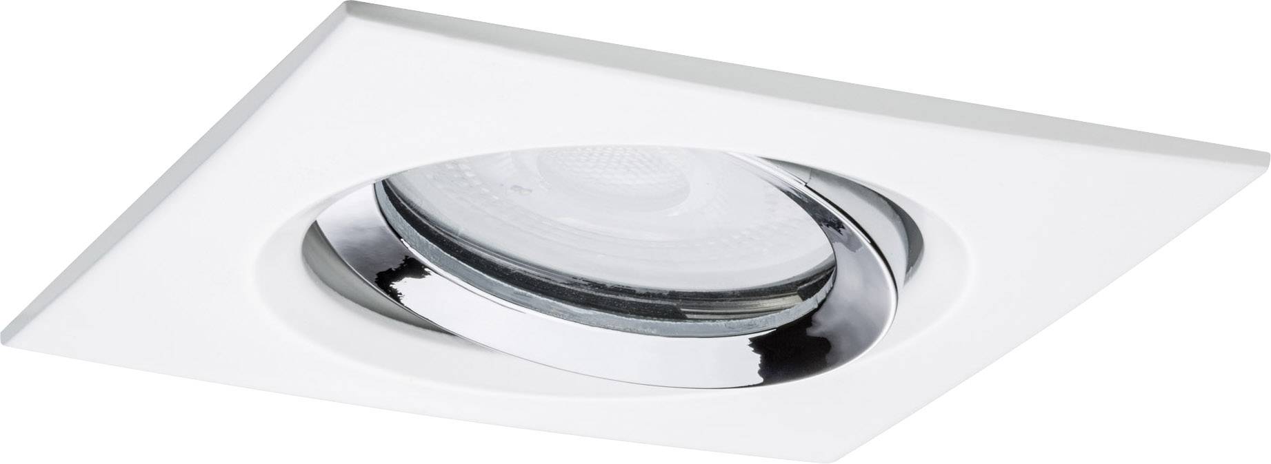 A square recessed spotlight with a chrome inner ring and white frame, suitable for modern ceiling lighting.