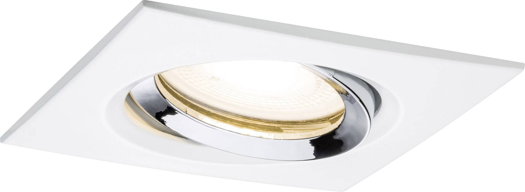 Square recessed light fitting with a white frame and silver inner ring, shining brightly from above.