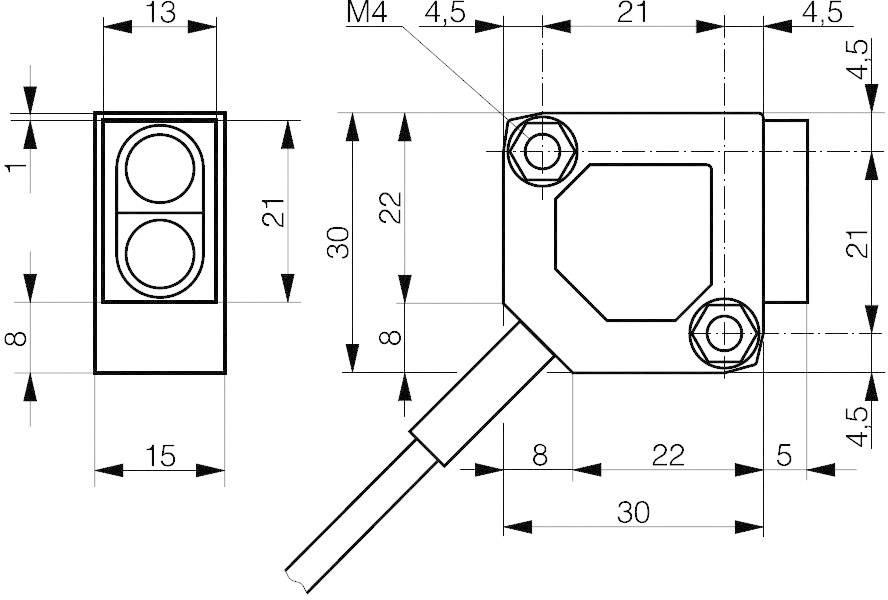 Technical drawing of a rectangular sensor with dimensions, screw connections, and cable connection. Dimensions in millimetres.