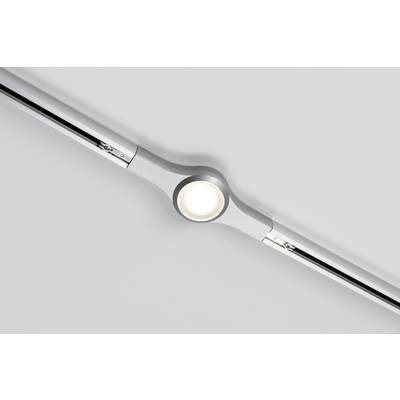 Ceiling light with a round, silver frame and built-in LED spotlight. Mounted on a white ceiling.