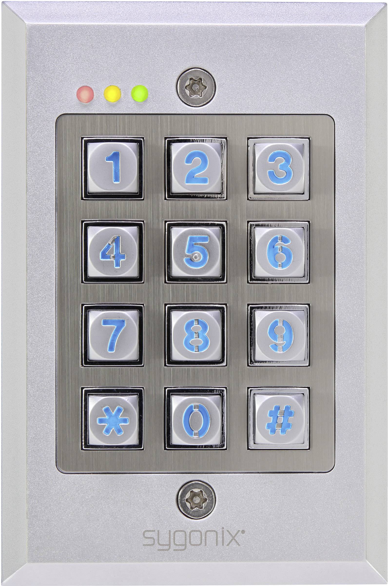 'Door access system with numerical keypad from 1 to 9 and symbol keys * and #. LEDs at the top indicate operational status.'