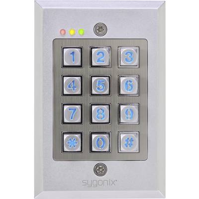 'Door access system with numerical keypad from 1 to 9 and symbol keys * and #. LEDs at the top indicate operational status.'