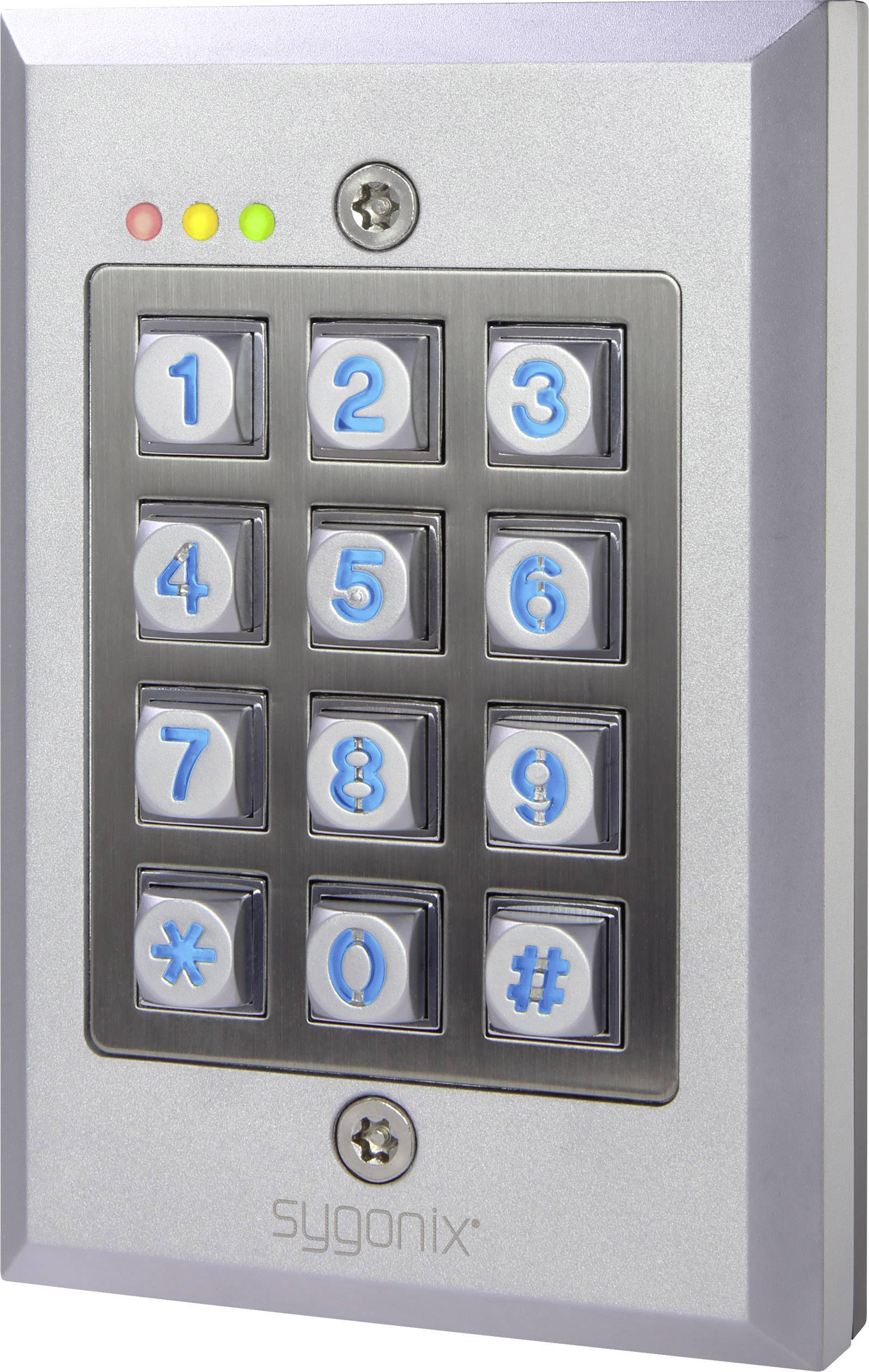 'Keypad for access control with numbers 0-9 and symbols *, #. Three control lights in red, yellow and green above.'