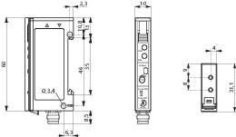 Electronic device in technical drawing with precise dimensions in millimetres for height, width, and depth.
