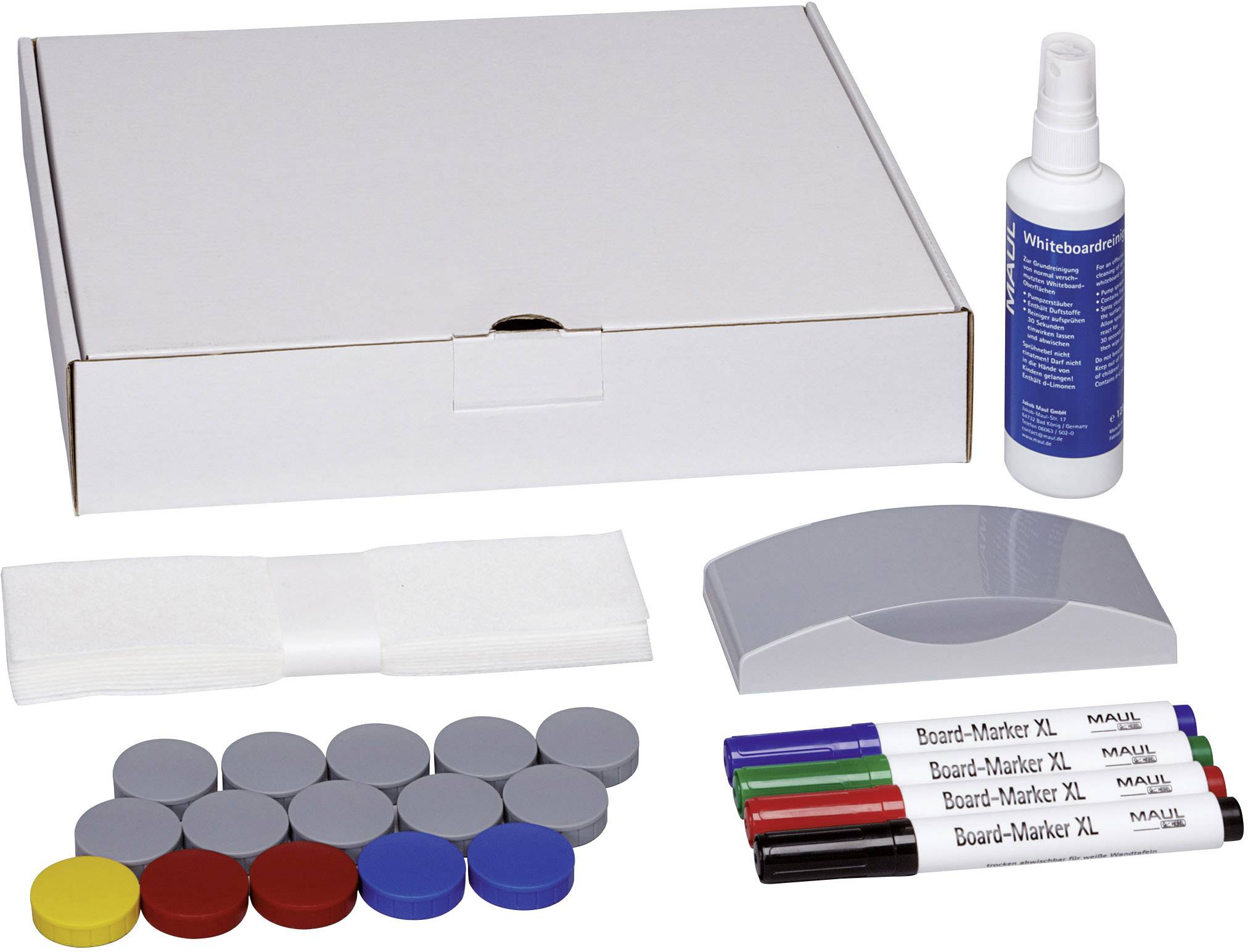 Maul Whiteboard accessory set 6385909 Box containing 4 markers, eraser, cleaner, 15 magnets (circular, 32 mm)