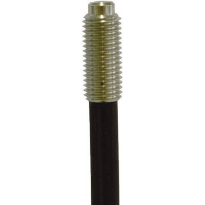A metal pin with a knurled head on a black rod.