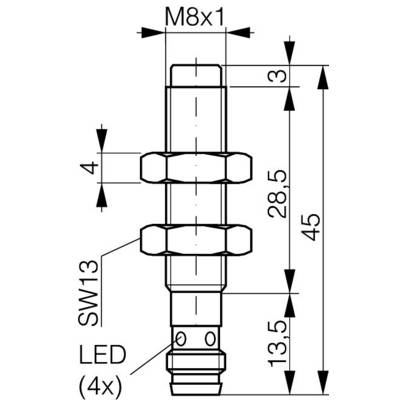 Technical drawing of a sensor with M8x1 thread, length 45 mm, width 13 mm, marked with 'LED (4x)'.