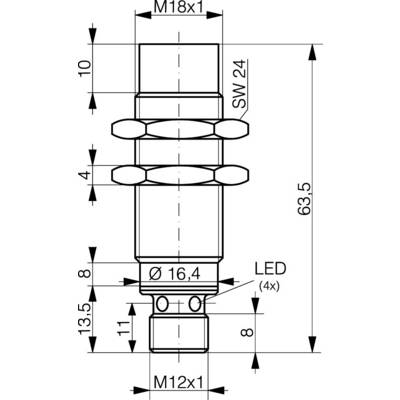 Technical drawing of a cylindrical component with M18 and M12 threads, LED marking, and various dimensional specifications in millimetres.