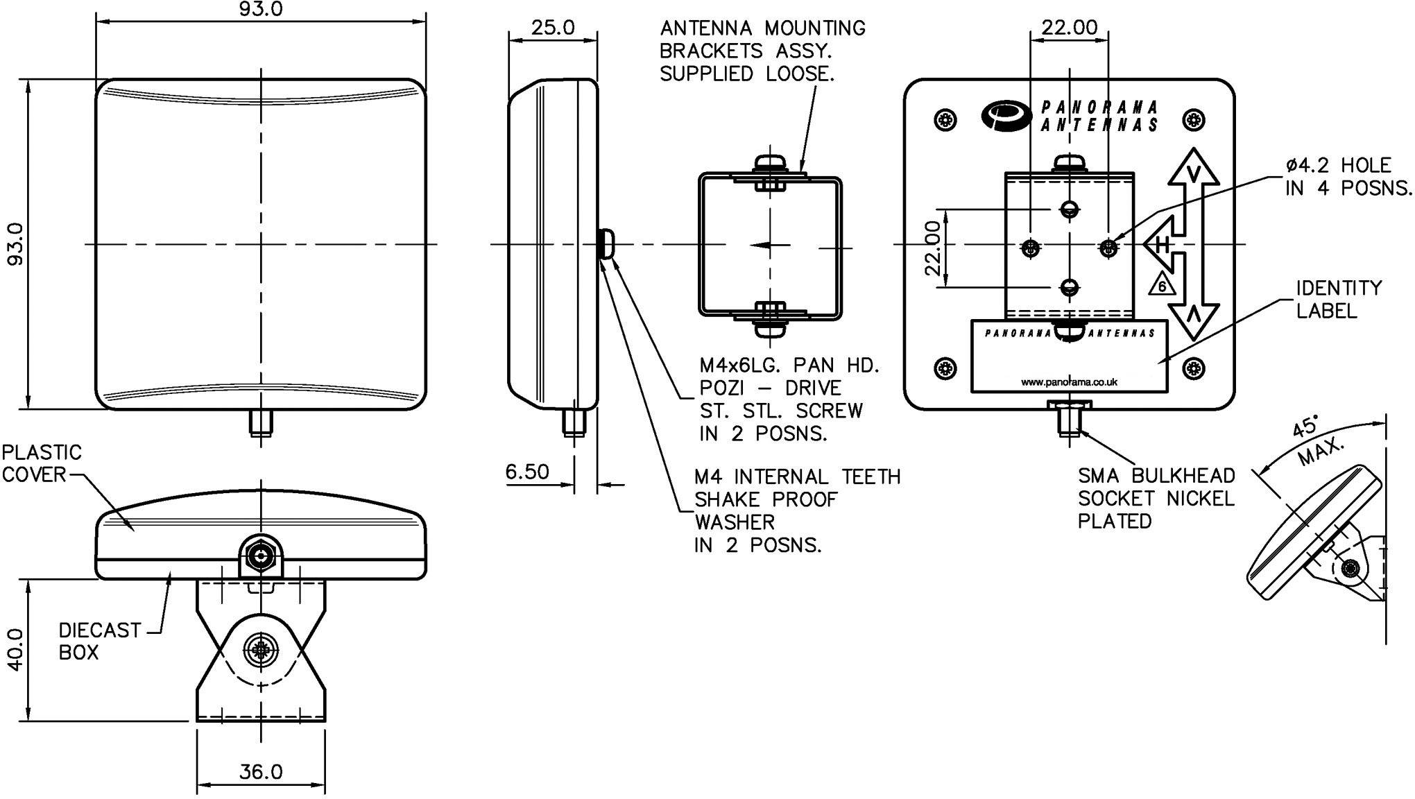 'Aerial Installation Instructions: Dimensions and positions for aerial mounting, fixing screws and cable entries are illustrated.'