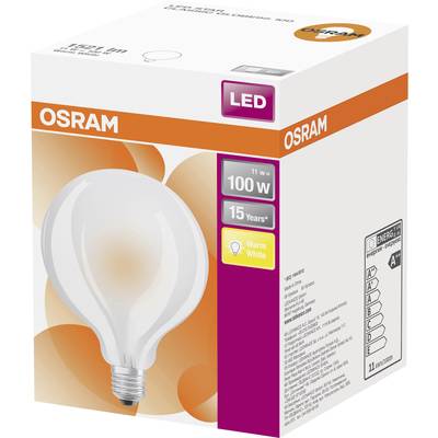 Packaging for an Osram LED lamp, 11W, equivalent to 100W, warm white, with a lifespan of 15 years. Energy rating A+.