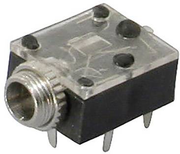 A rectangular, transparent adapter with a metal plug and four pins on the underside, used for electronic connections.