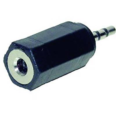 Conversion adapter with a black casing and silver connectors for audio cables.