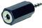 Conversion adapter with a black casing and silver connectors for audio cables.