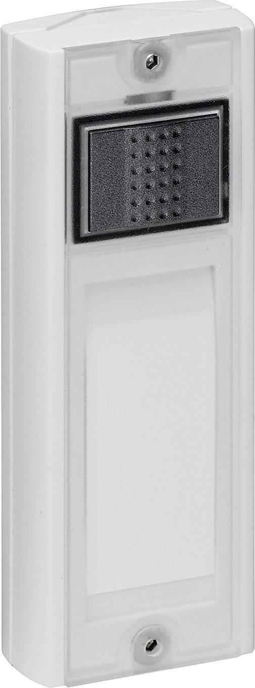 White doorbell with rectangular design. A small speaker is located at the top, with a name plate underneath.