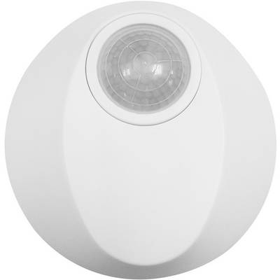 Round motion sensor in a white housing, typically mounted on ceilings, for detecting movement in rooms to control lighting.