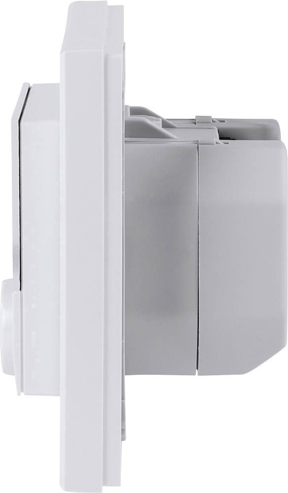 Side view of a grey electrical switch. The housing is smooth and box-shaped.