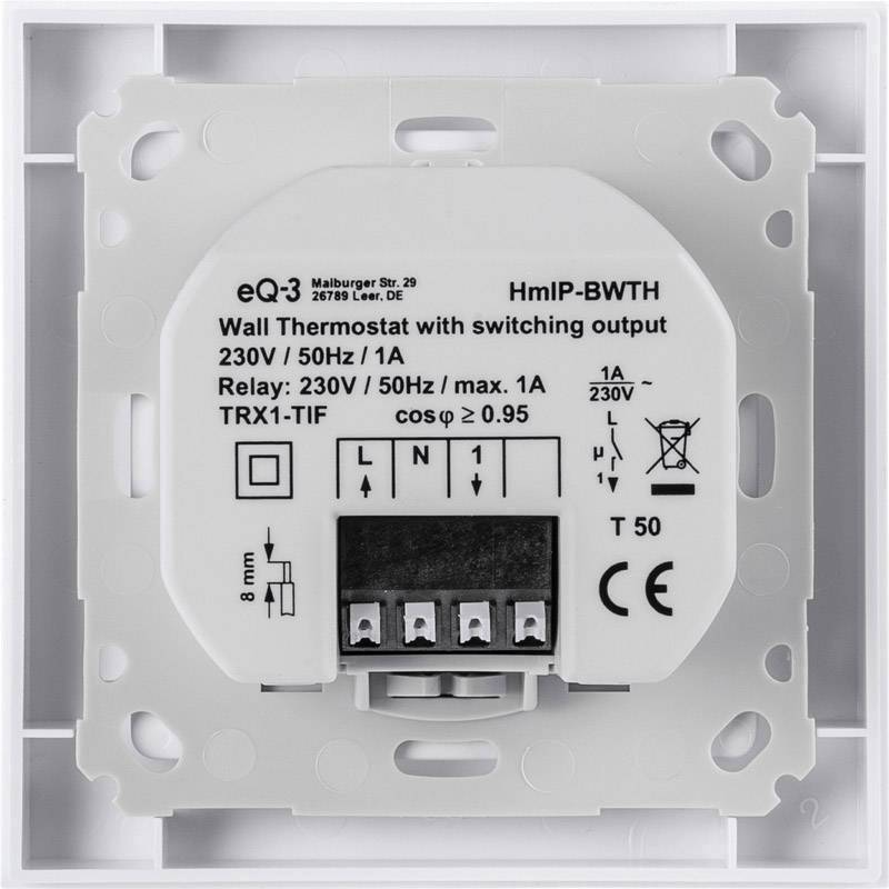 A wall thermostat from eq-3 with a switchable output, 230V/50Hz/1A. Connections and technical symbols are visible.
