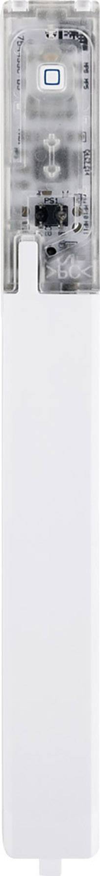 An electronic device with a transparent upper section, revealing its internal circuitry. A blue square button is located at the top.